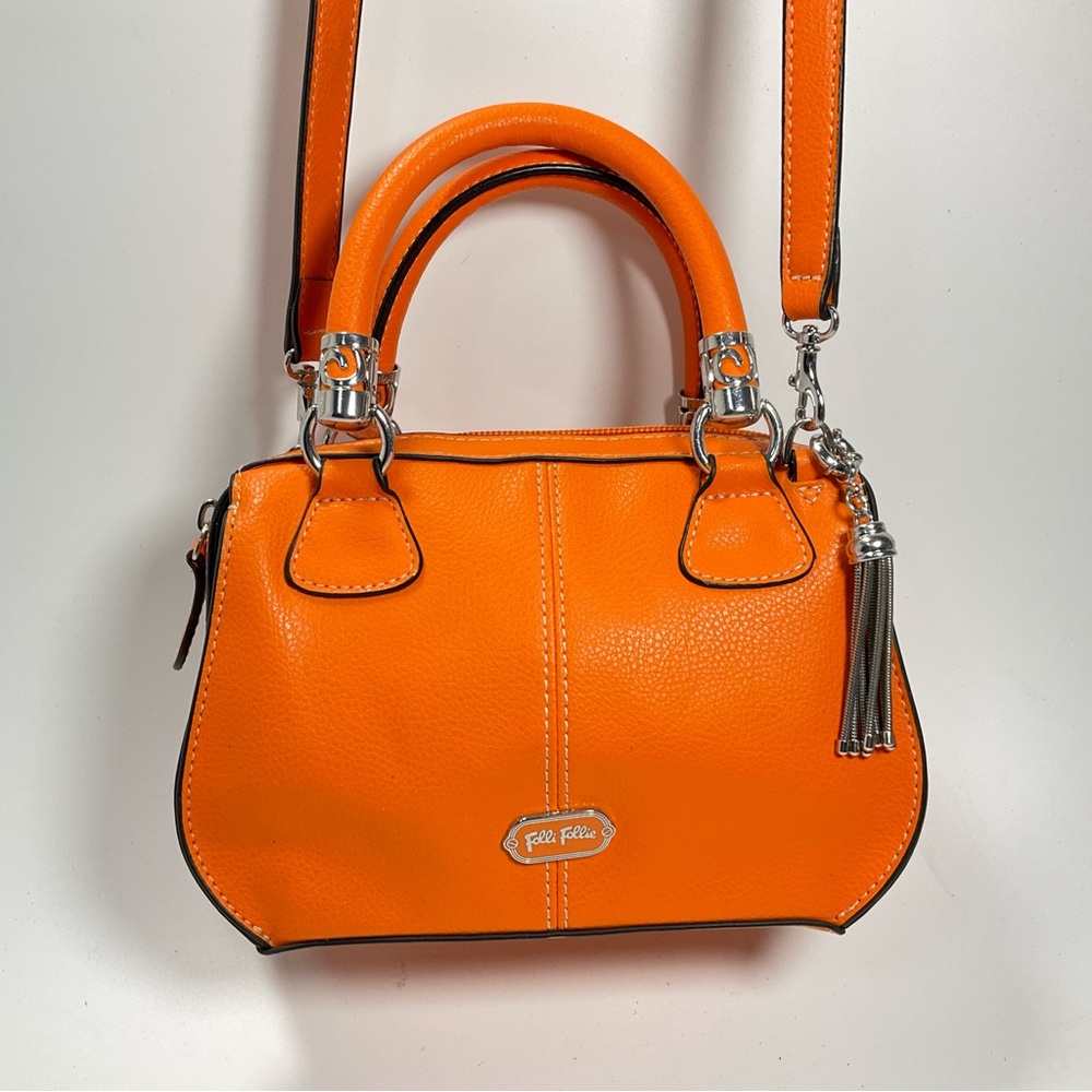 Folli Follie Small Crossbody Shoulder Bag Orange Leather Double Handle Tassels